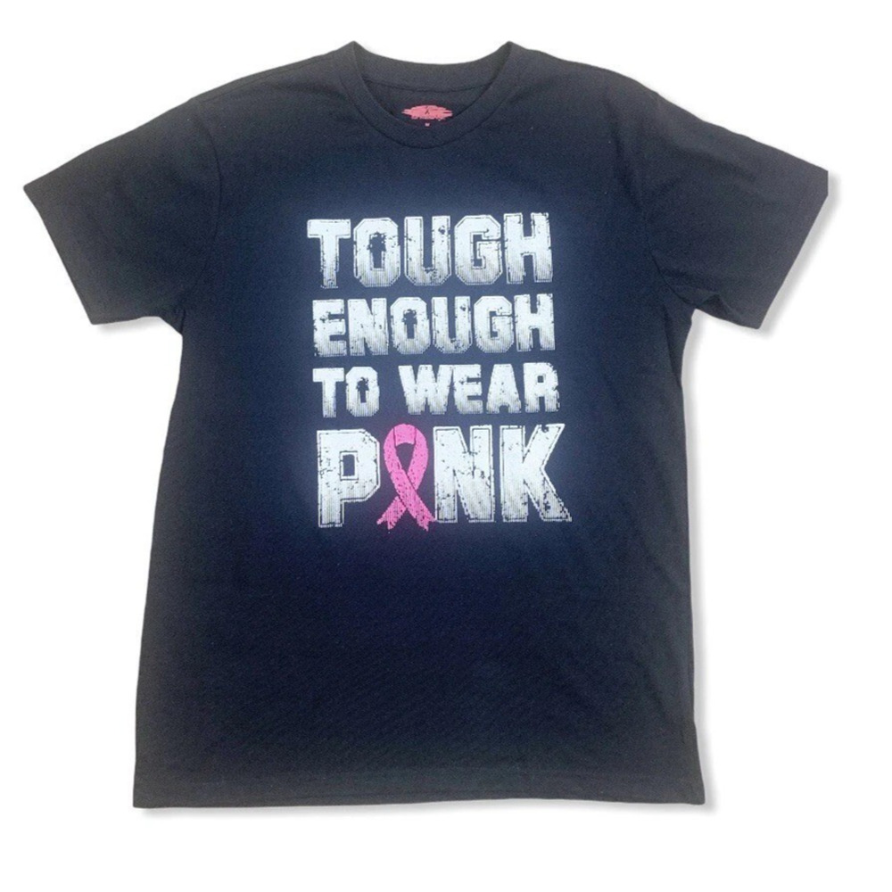Breast Cancer Awareness Mens Black T-Shirt With TOUGH ENOUGH TO WEAR PINK Medium